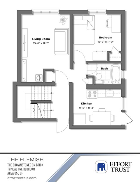 Floor plan for 1 bed, 1 bath, 458 sqft